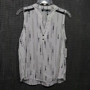 CURE. Women Sleeveless Blouse Geometric Dot Print Lace‎ Trim M White Black